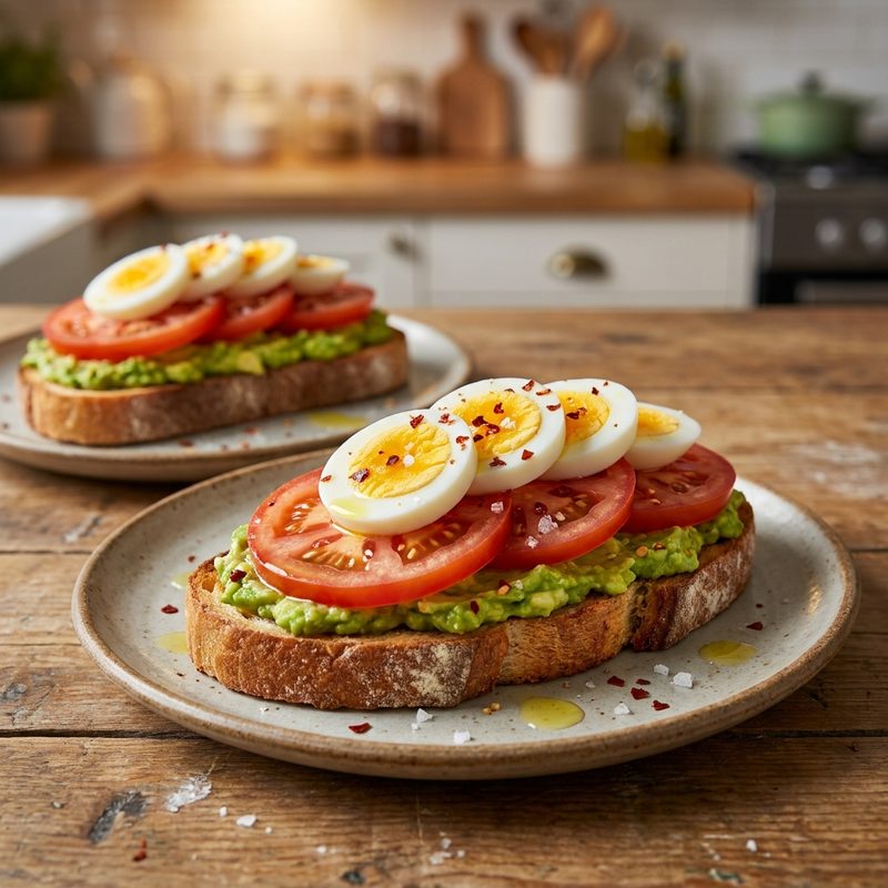 Avocado Tomato and Sliced Egg Toast