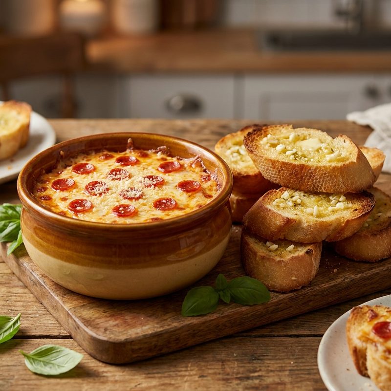Slow Cooker Pizza Dip with Toasted Garlic Bread Dippers Superbowl